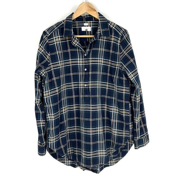 Loft Softened Top Size Large Women Navy Brown Plaid Long Sleeve Popover Shirt - Picture 1 of 7